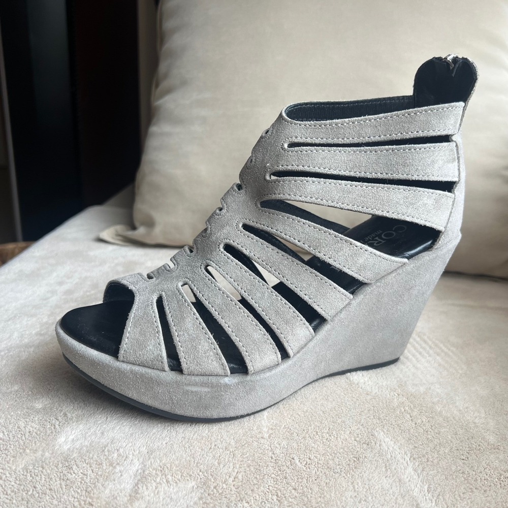 Cordani Women 6.5 EU 37 Gray Suede Strappy Cage Platform Wedge Sandals Italy